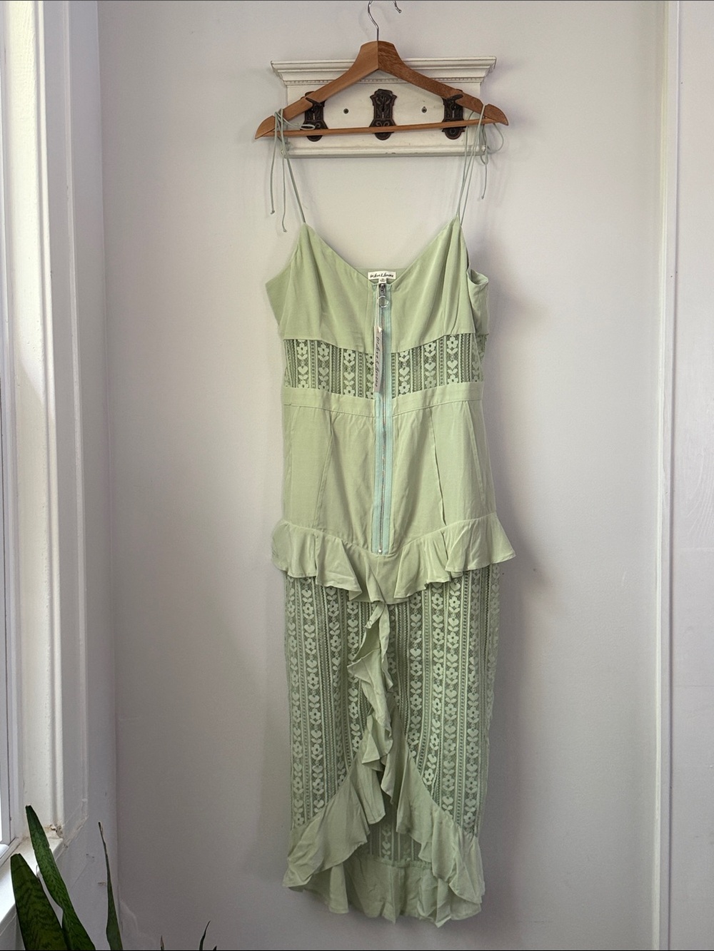 For Love & Lemons Light Green Lace-Panel Midi Dress